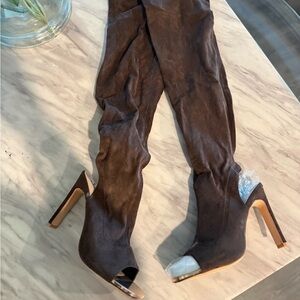 So Me Dark Brown Peep-Toe Heeled Boots